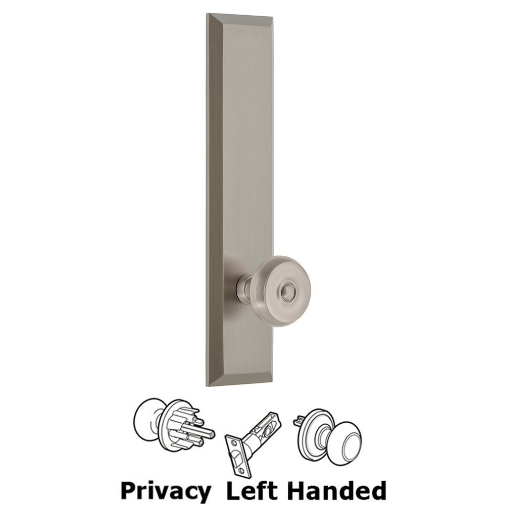 Grandeur Privacy Fifth Avenue Tall Plate with Bouton Left Handed Knob in Satin Nickel