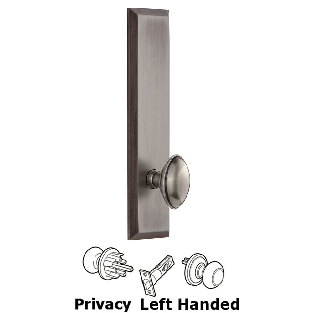 Grandeur Privacy Fifth Avenue Tall Plate with Eden Prairie Left Handed Knob in Antique Pewter