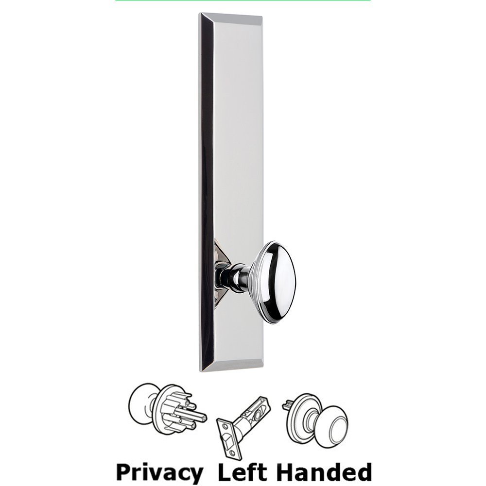 Grandeur Privacy Fifth Avenue Tall Plate with Eden Prairie Left Handed Knob in Bright Chrome
