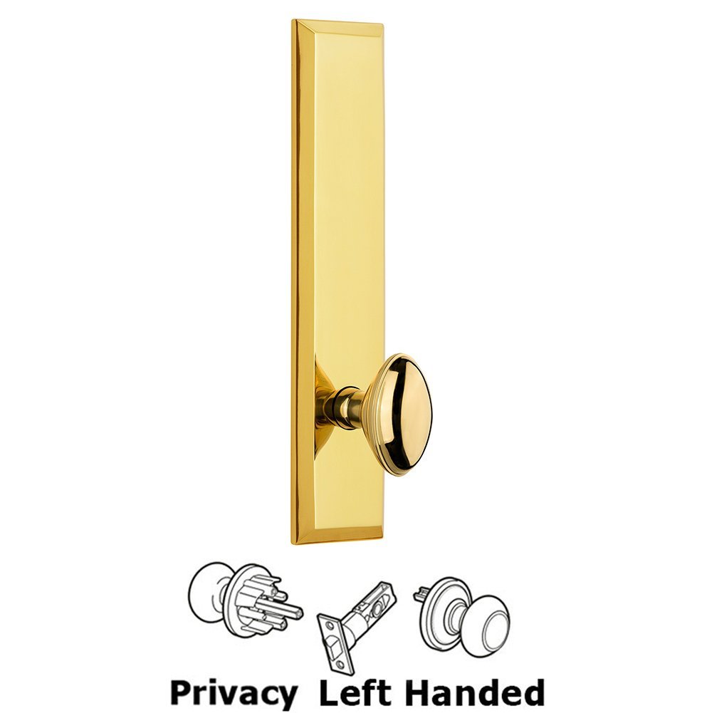Grandeur Privacy Fifth Avenue Tall Plate with Eden Prairie Left Handed Knob in Polished Brass