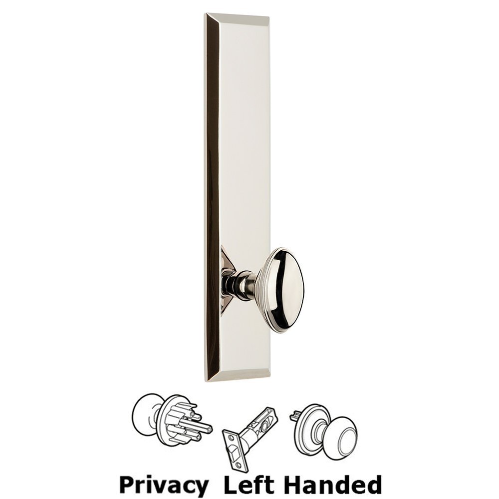Grandeur Privacy Fifth Avenue Tall Plate with Eden Prairie Left Handed Knob in Polished Nickel