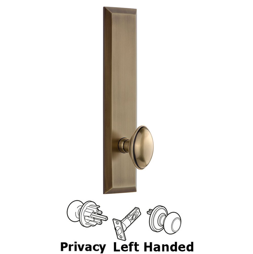 Grandeur Privacy Fifth Avenue Tall Plate with Eden Prairie Left Handed Knob in Vintage Brass