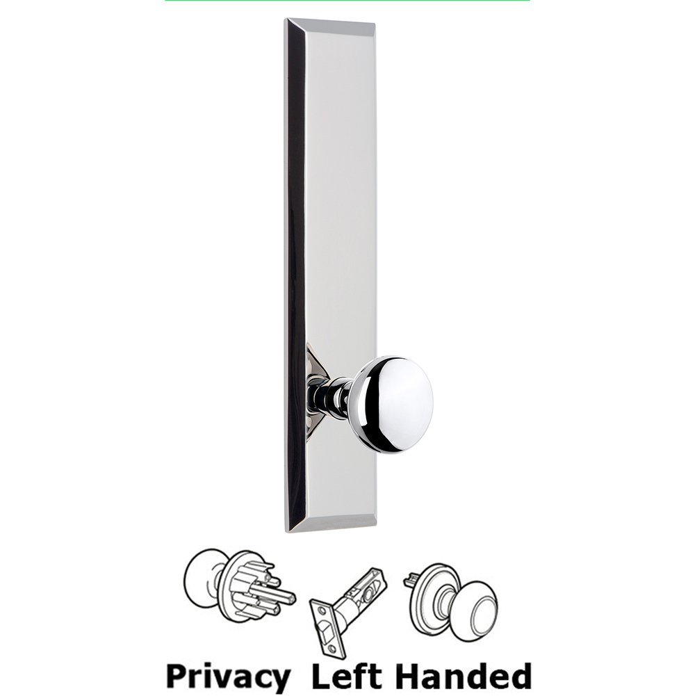 Grandeur Privacy Fifth Avenue Tall Plate with Left Handed Knob in Bright Chrome