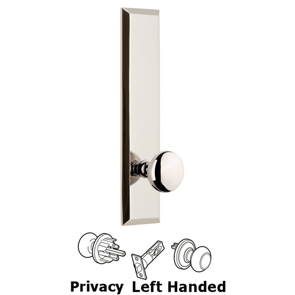 Grandeur Privacy Fifth Avenue Tall Plate with Left Handed Knob in Polished Nickel
