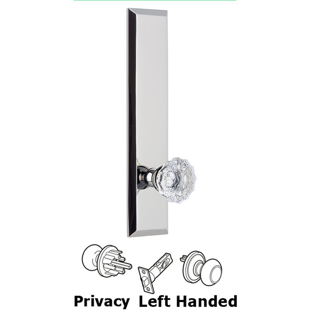 Grandeur Privacy Fifth Avenue Tall Plate with Fontainebleau Left Handed Knob in Bright Chrome
