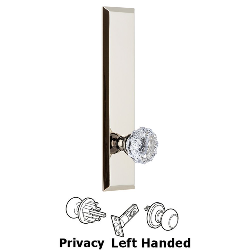 Grandeur Privacy Fifth Avenue Tall Plate with Fontainebleau Left Handed Knob in Polished Nickel