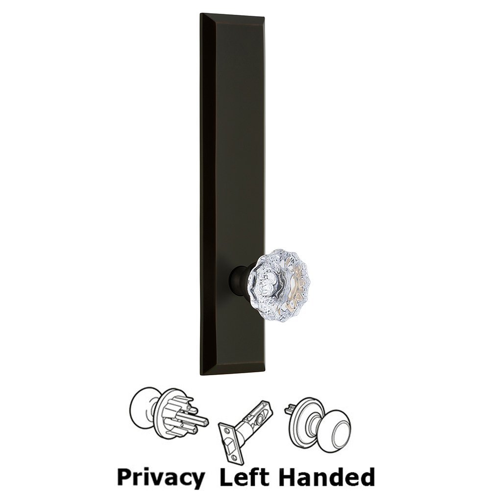Grandeur Privacy Fifth Avenue Tall Plate with Fontainebleau Left Handed Knob in Timeless Bronze