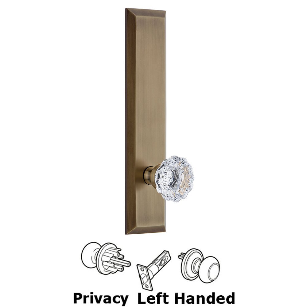 Grandeur Privacy Fifth Avenue Tall Plate with Fontainebleau Left Handed Knob in Vintage Brass