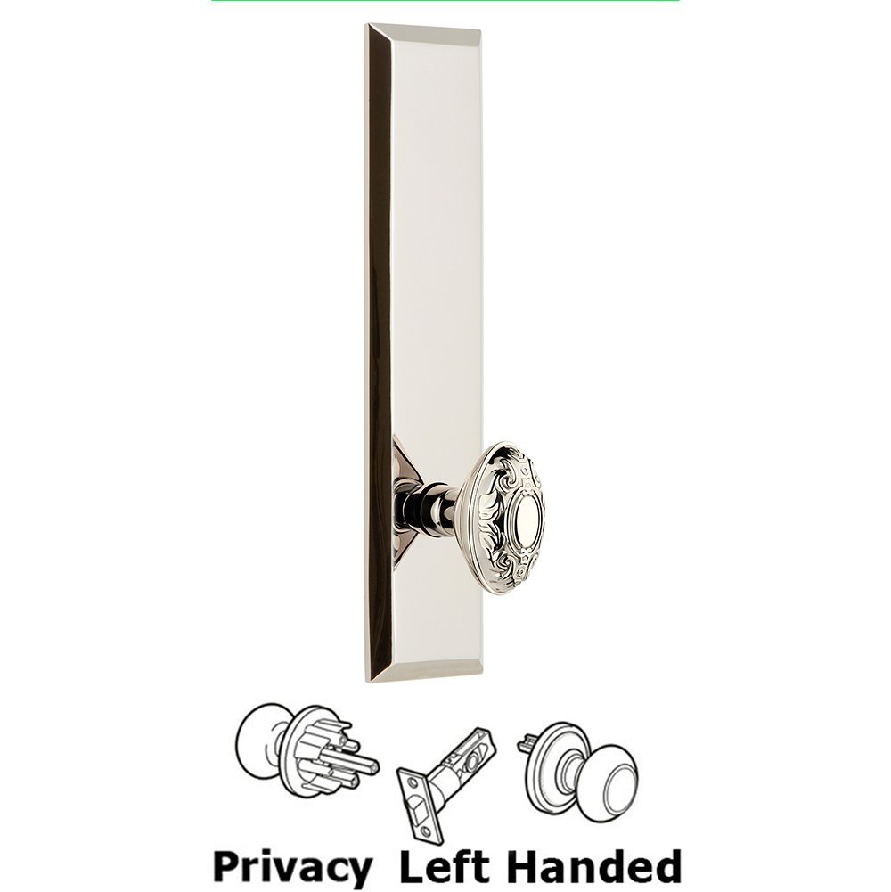 Grandeur Privacy Fifth Avenue Tall Plate with Grande Victorian Left Handed Knob in Polished Nickel