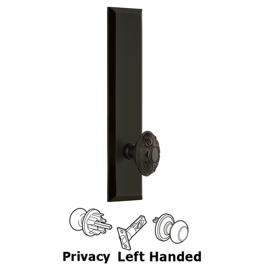Grandeur Privacy Fifth Avenue Tall Plate with Grande Victorian Left Handed Knob in Timeless Bronze