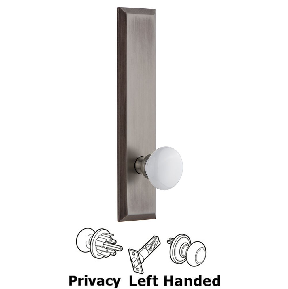Grandeur Privacy Fifth Avenue Tall Plate with Hyde Park Left Handed Knob in Antique Pewter