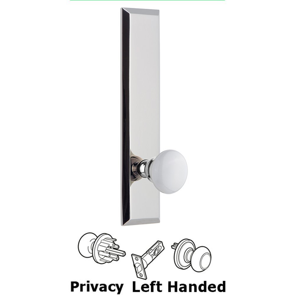 Grandeur Privacy Fifth Avenue Tall Plate with Hyde Park Left Handed Knob in Bright Chrome