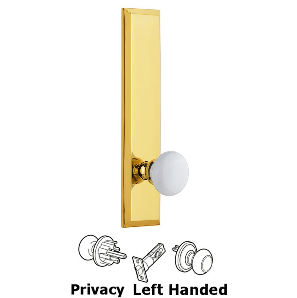 Grandeur Privacy Fifth Avenue Tall Plate with Hyde Park Left Handed Knob in Lifetime Brass