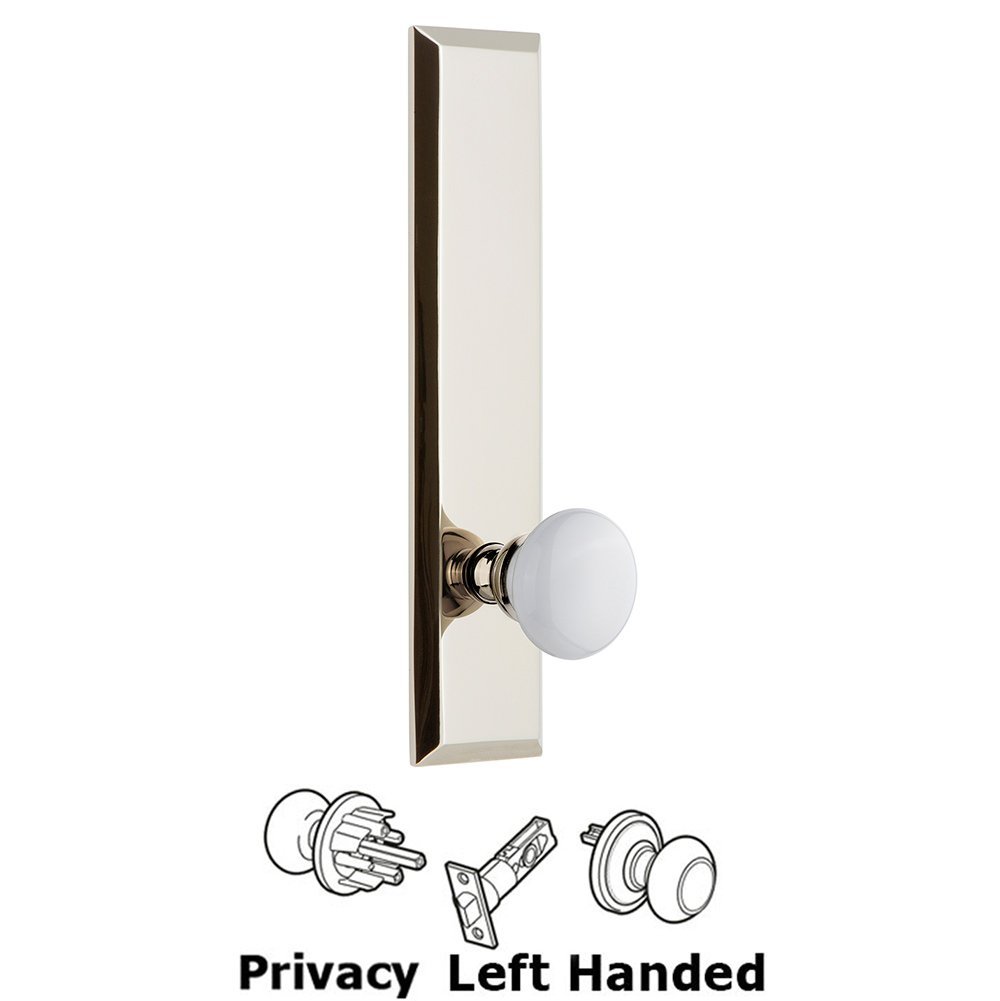 Grandeur Privacy Fifth Avenue Tall Plate with Hyde Park Left Handed Knob in Polished Nickel