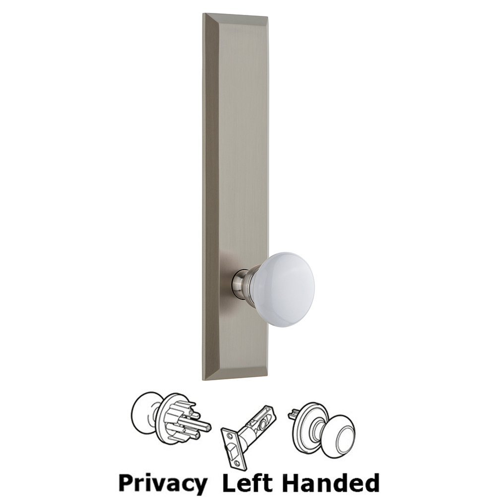 Grandeur Privacy Fifth Avenue Tall Plate with Hyde Park Left Handed Knob in Satin Nickel