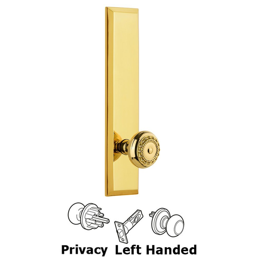 Grandeur Privacy Fifth Avenue Tall Plate with Parthenon Left Handed Knob in Polished Brass