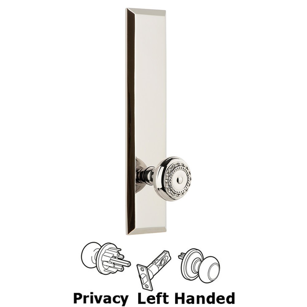 Grandeur Privacy Fifth Avenue Tall Plate with Parthenon Left Handed Knob in Polished Nickel
