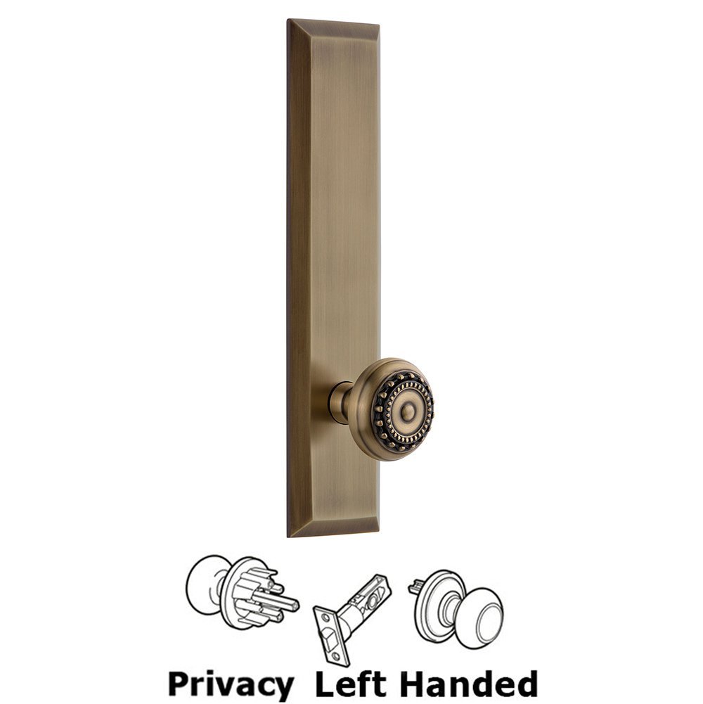 Grandeur Privacy Fifth Avenue Tall Plate with Parthenon Left Handed Knob in Vintage Brass