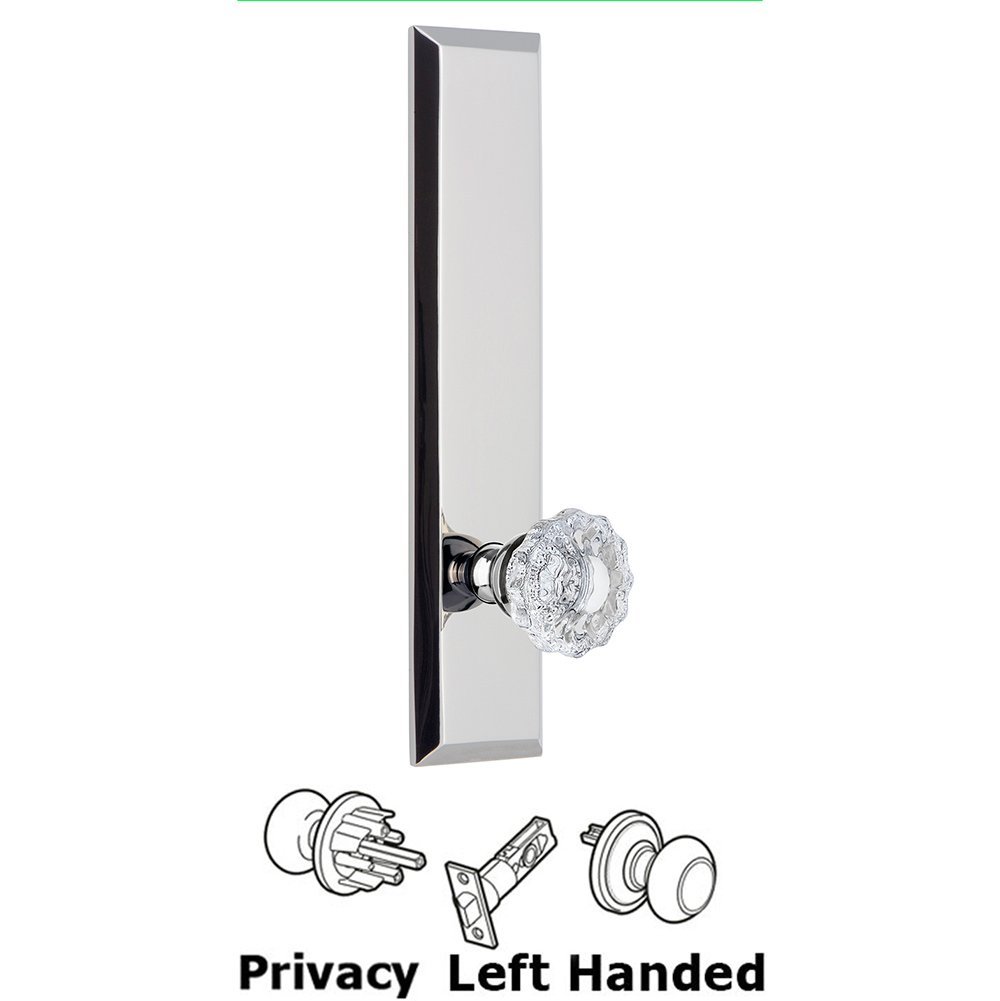 Grandeur Privacy Fifth Avenue Tall Plate with Versailles Left Handed Knob in Bright Chrome