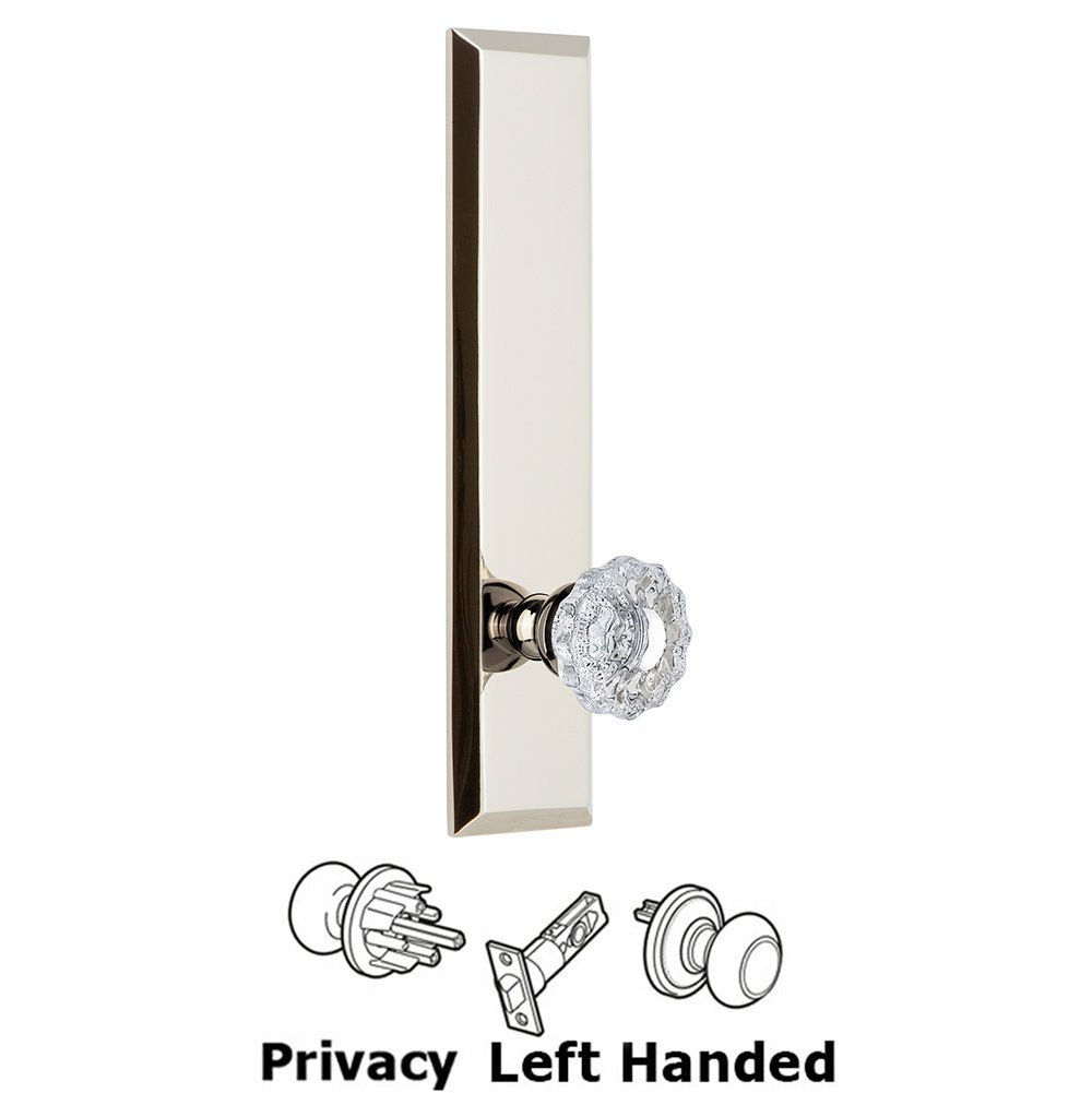 Grandeur Privacy Fifth Avenue Tall Plate with Versailles Left Handed Knob in Polished Nickel