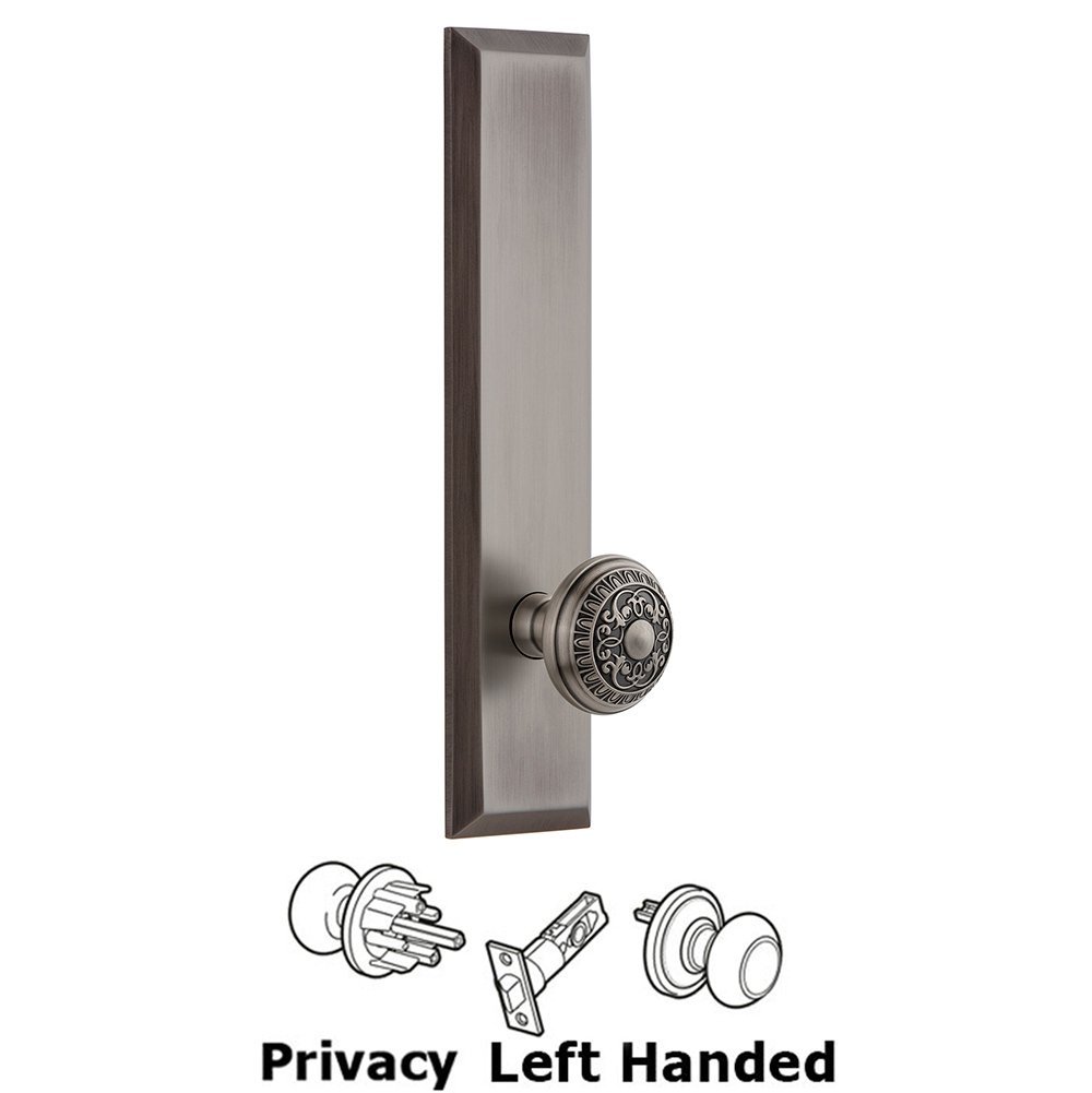 Grandeur Privacy Fifth Avenue Tall Plate with Windsor Left Handed Knob in Antique Pewter