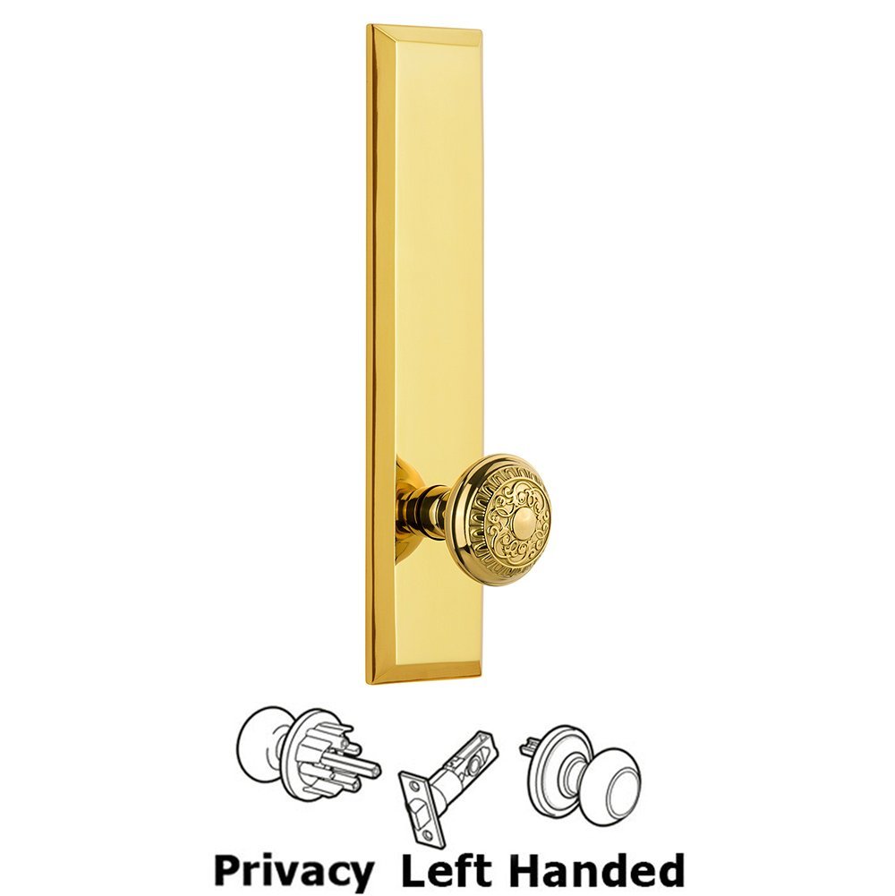 Grandeur Privacy Fifth Avenue Tall Plate with Windsor Left Handed Knob in Lifetime Brass