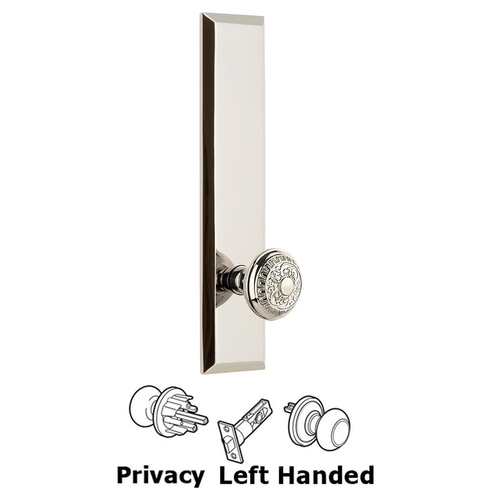 Grandeur Privacy Fifth Avenue Tall Plate with Windsor Left Handed Knob in Polished Nickel