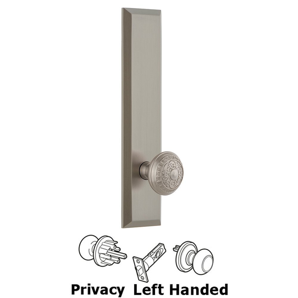 Grandeur Privacy Fifth Avenue Tall Plate with Windsor Left Handed Knob in Satin Nickel