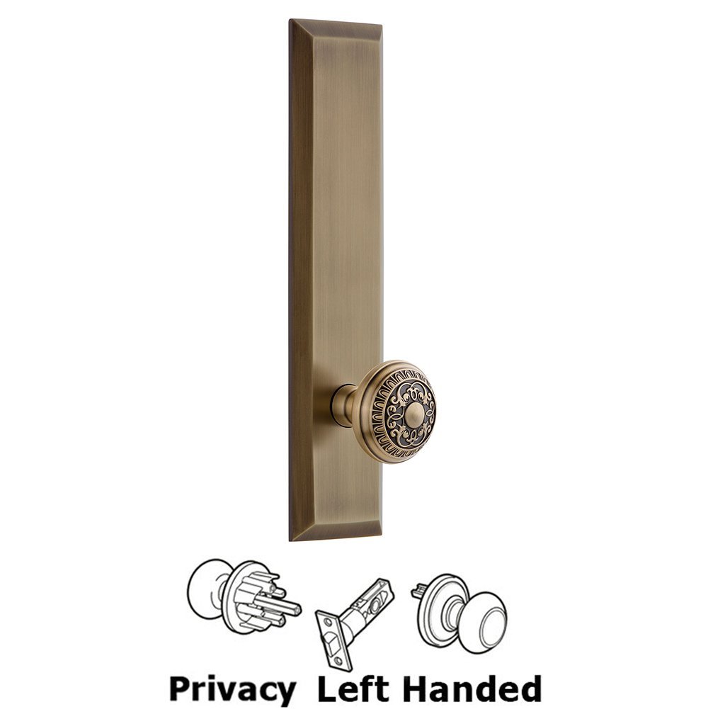 Grandeur Privacy Fifth Avenue Tall Plate with Windsor Left Handed Knob in Vintage Brass