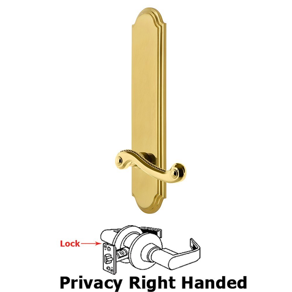 Grandeur Tall Plate Privacy with Newport Right Handed Lever in Lifetime Brass