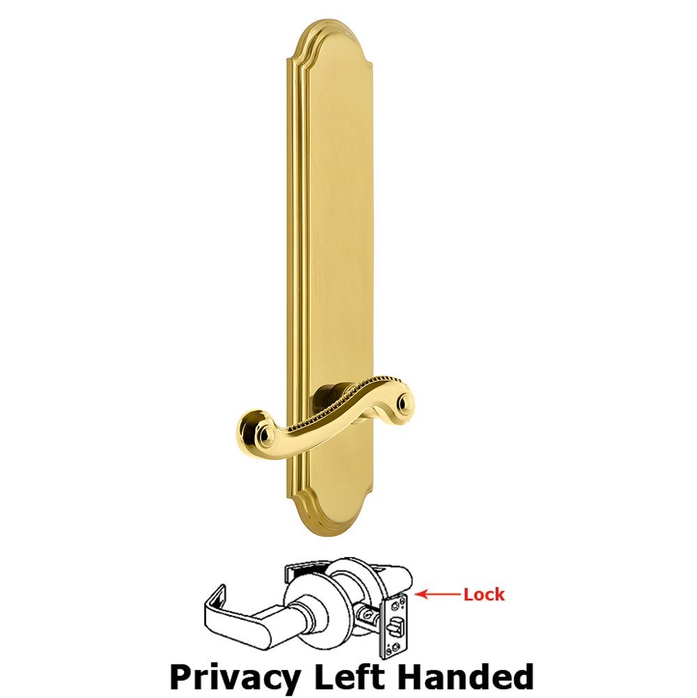 Grandeur Tall Plate Privacy with Newport Left Handed Lever in Lifetime Brass
