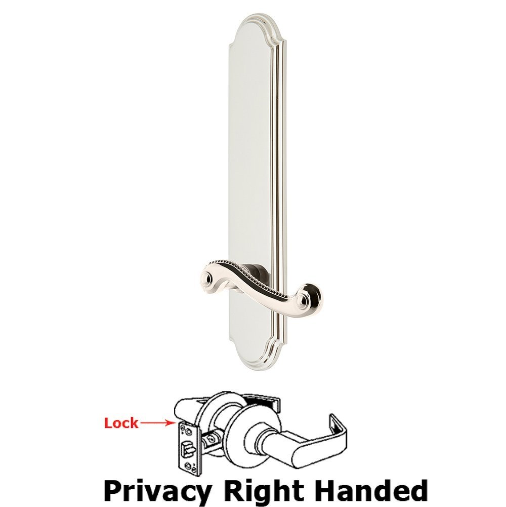 Grandeur Tall Plate Privacy with Newport Right Handed Lever in Polished Nickel