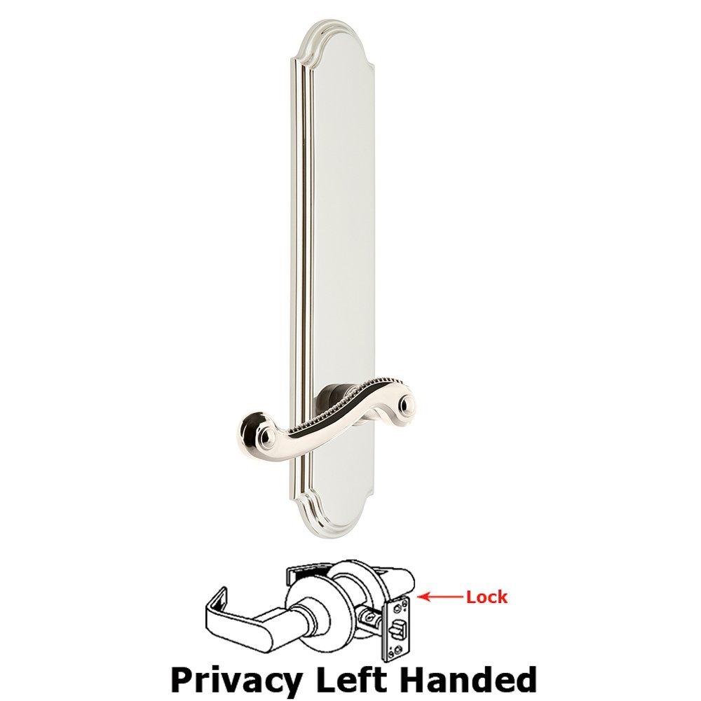 Grandeur Tall Plate Privacy with Newport Left Handed Lever in Polished Nickel