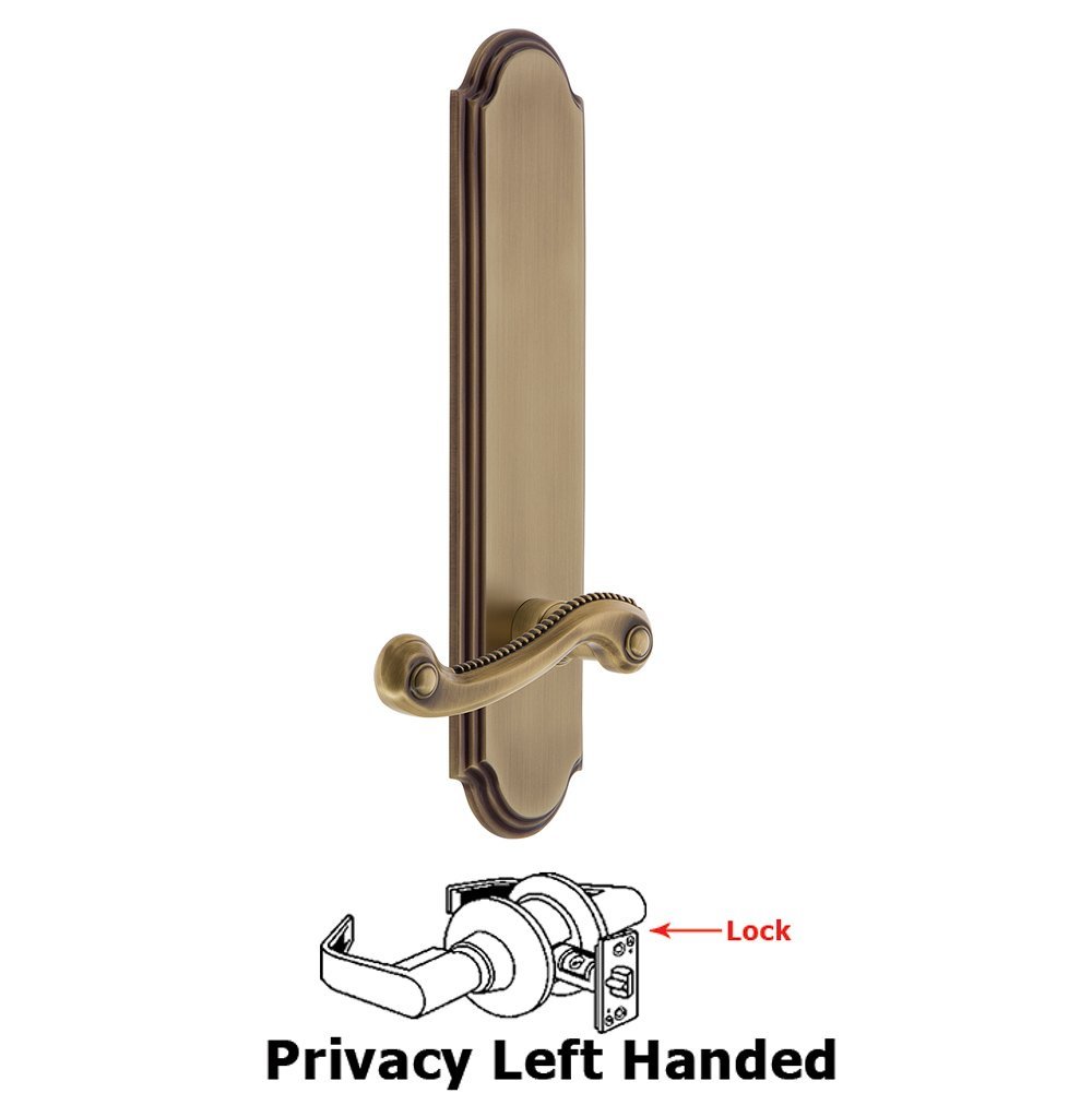 Grandeur Tall Plate Privacy with Newport Left Handed Lever in Vintage Brass