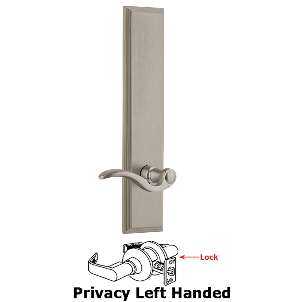 Grandeur Privacy Carre Tall Plate with Bellagio Left Handed Lever in Satin Nickel