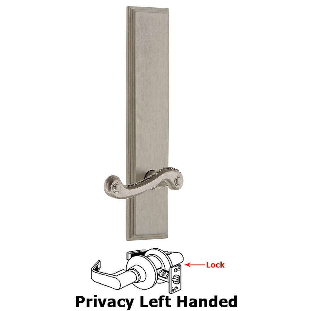 Grandeur Privacy Carre Tall Plate with Newport Left Handed Lever in Satin Nickel