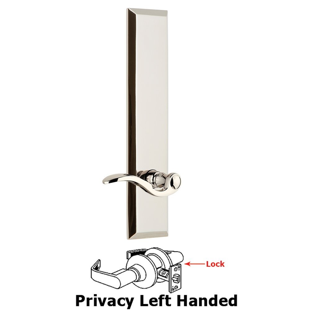 Grandeur Privacy Fifth Avenue Tall Plate with Bellagio Left Handed Lever in Polished Nickel