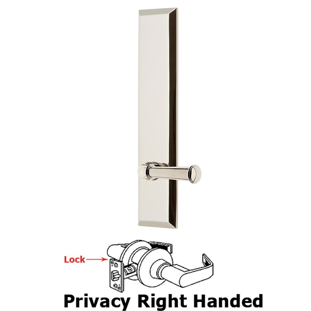 Grandeur Privacy Fifth Avenue Tall Plate with Georgetown Right Handed Lever in Polished Nickel