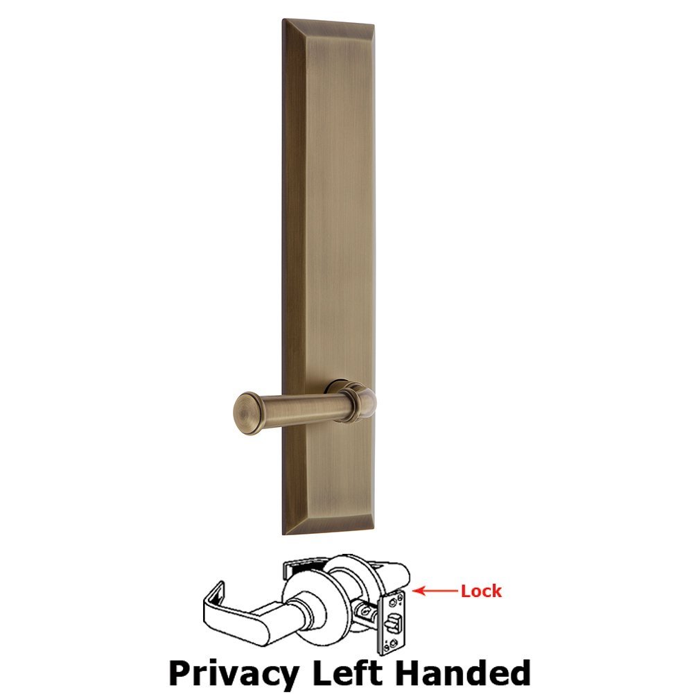 Grandeur Privacy Fifth Avenue Tall Plate with Georgetown Left Handed Lever in Vintage Brass
