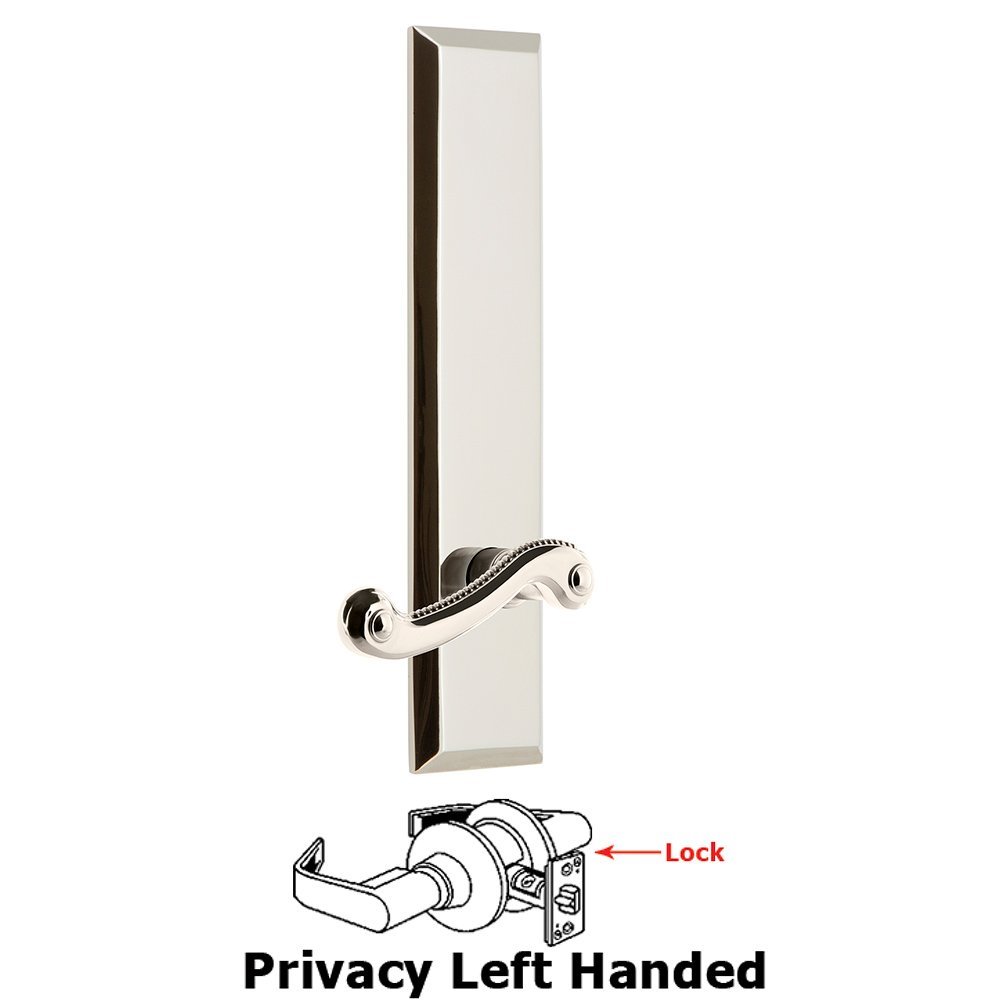 Grandeur Privacy Fifth Avenue Tall Plate with Newport Left Handed Lever in Polished Nickel