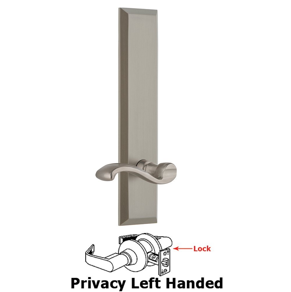 Grandeur Privacy Fifth Avenue Tall Plate with Portofino Left Handed Lever in Satin Nickel