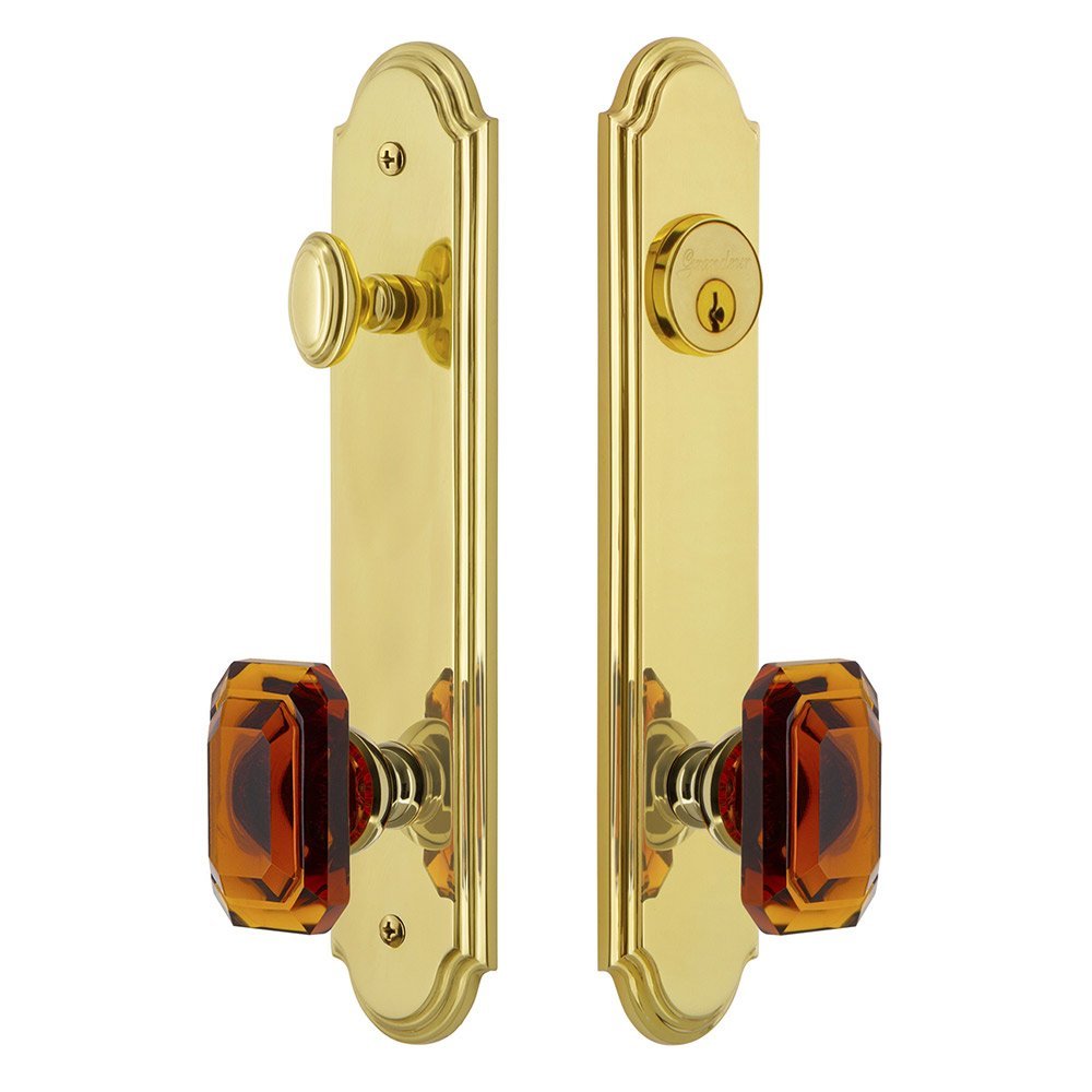 Grandeur Arc Tall Plate Handleset with Baguette Amber Knob in Lifetime Brass