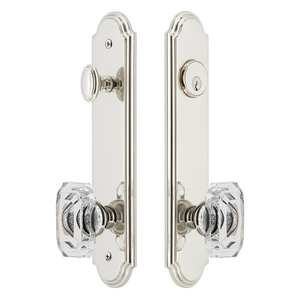 Grandeur Arc Tall Plate Handleset with Baguette Clear Crystal Knob in Polished Nickel