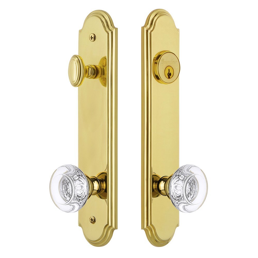 Grandeur Arc Tall Plate Handleset with Bordeaux Knob in Lifetime Brass