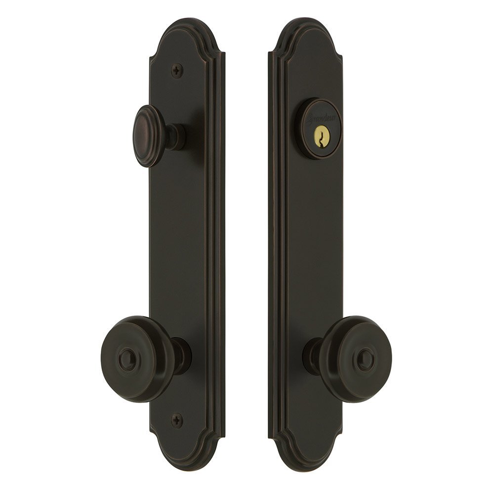 Grandeur Arc Tall Plate Handleset with Bouton Knob in Timeless Bronze