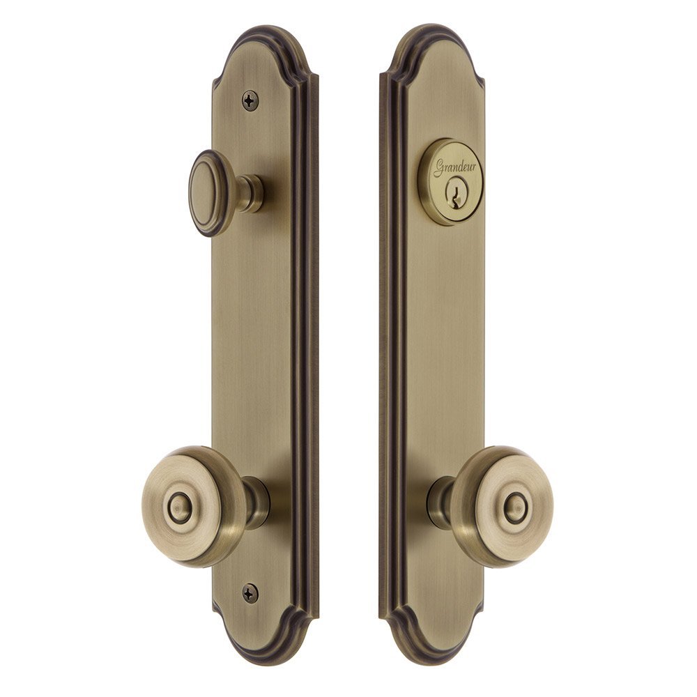 Grandeur Arc Tall Plate Handleset with Bouton Knob in Vintage Brass
