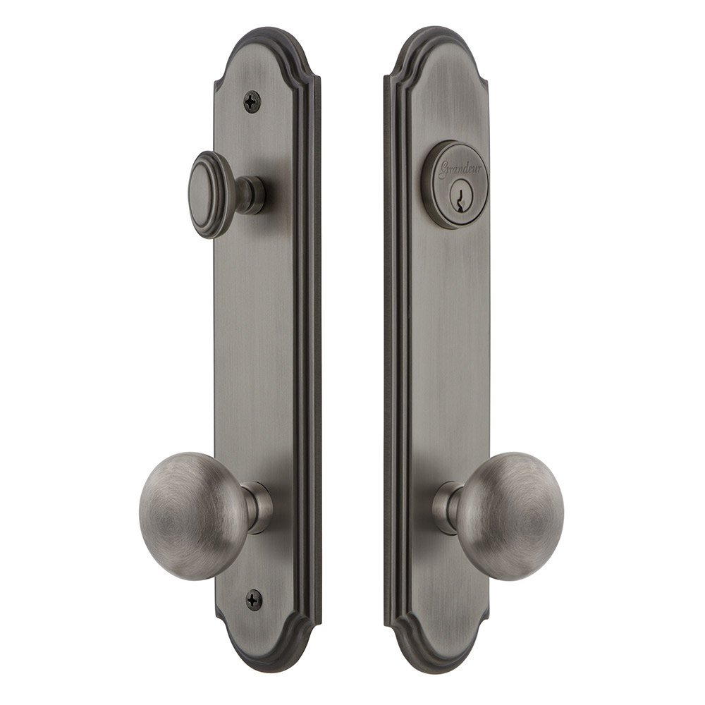 Grandeur Arc Tall Plate Handleset with Fifth Avenue Knob in Antique Pewter
