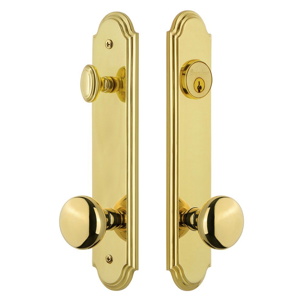 Grandeur Arc Tall Plate Handleset with Fifth Avenue Knob in Lifetime Brass