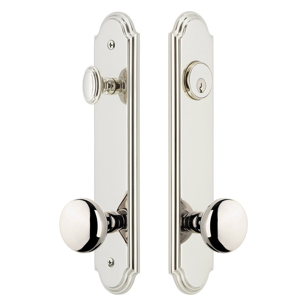 Grandeur Arc Tall Plate Handleset with Fifth Avenue Knob in Polished Nickel