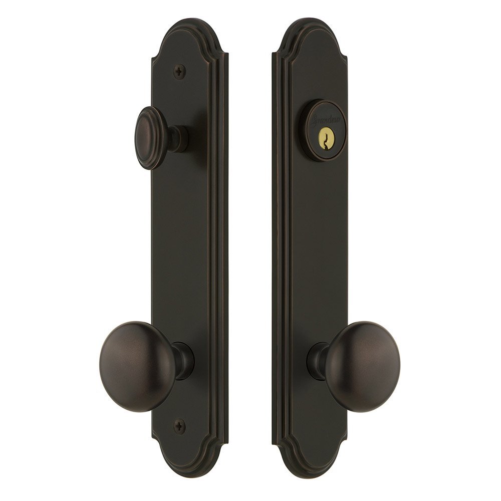 Grandeur Arc Tall Plate Handleset with Fifth Avenue Knob in Timeless Bronze